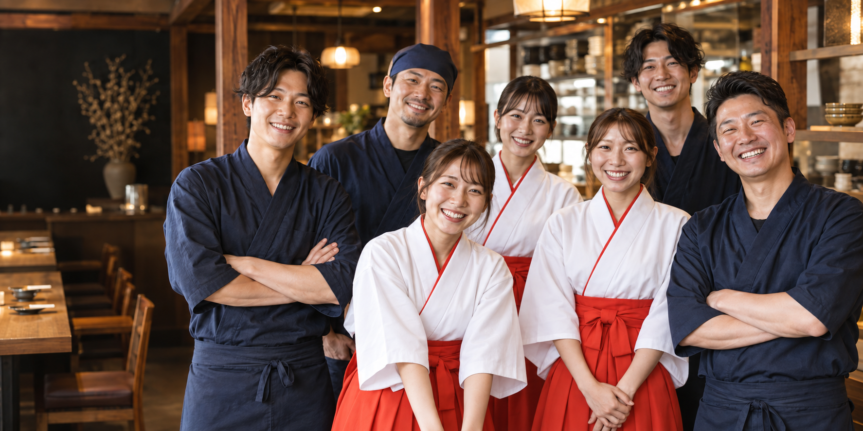巫女装束の女性スタッフと飲食店スタッフのイメージ